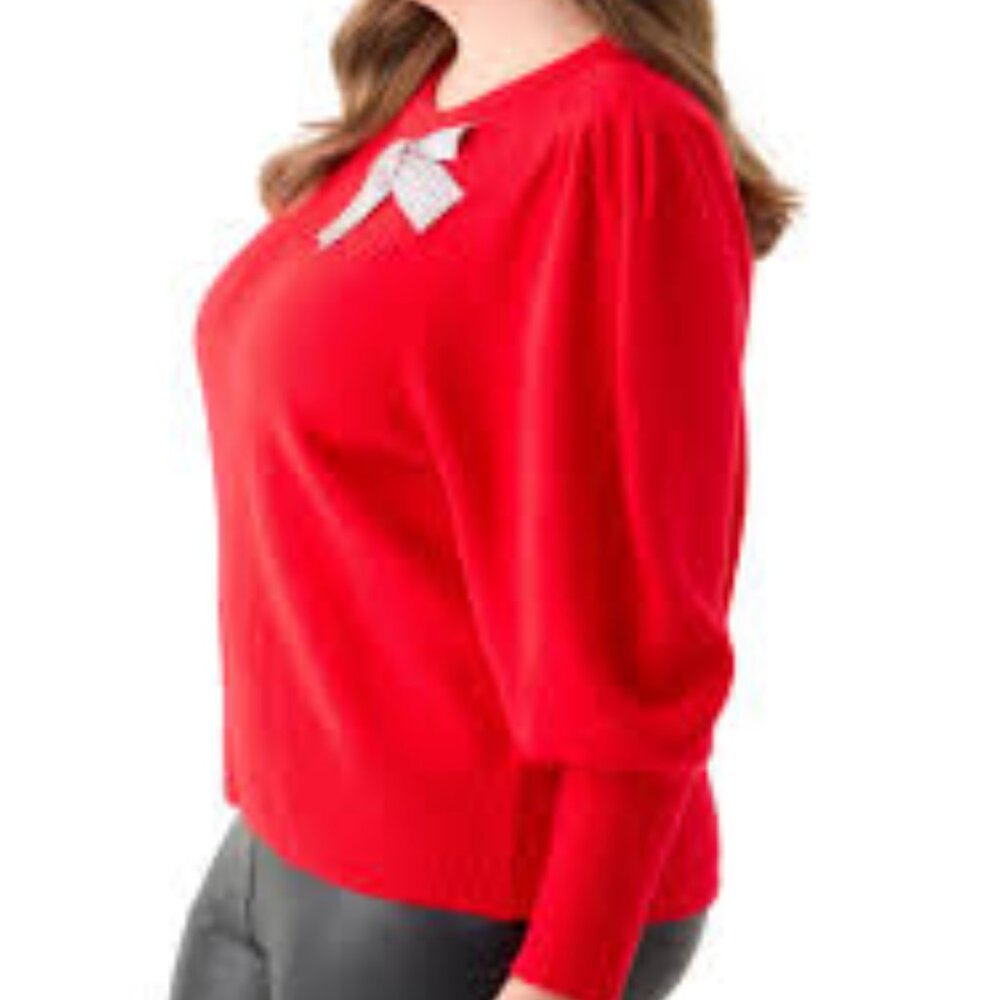 CeCe Rhinestone Bow Detail Cozy Red Sweater Woman's Size Large - Picture 2 of 13